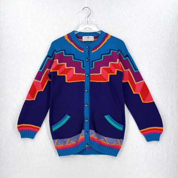 PERUVIAN CONNECTION Vintage Cardigan Sweater Womens Small Multi Cotton Geometric - Picture 1 of 16